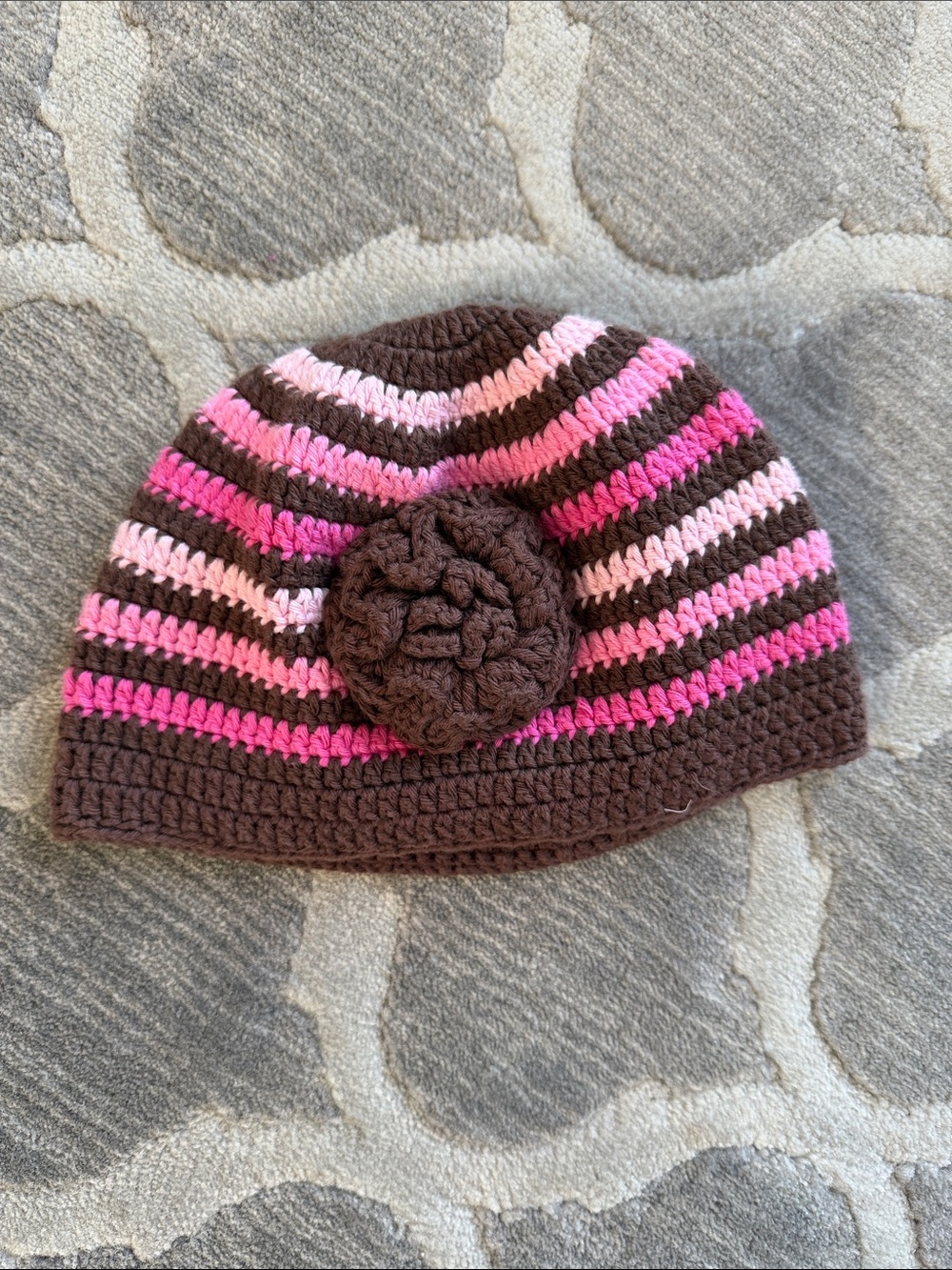 Striped Crochet Kids Beanie with Floral Accent - Brown & Pink